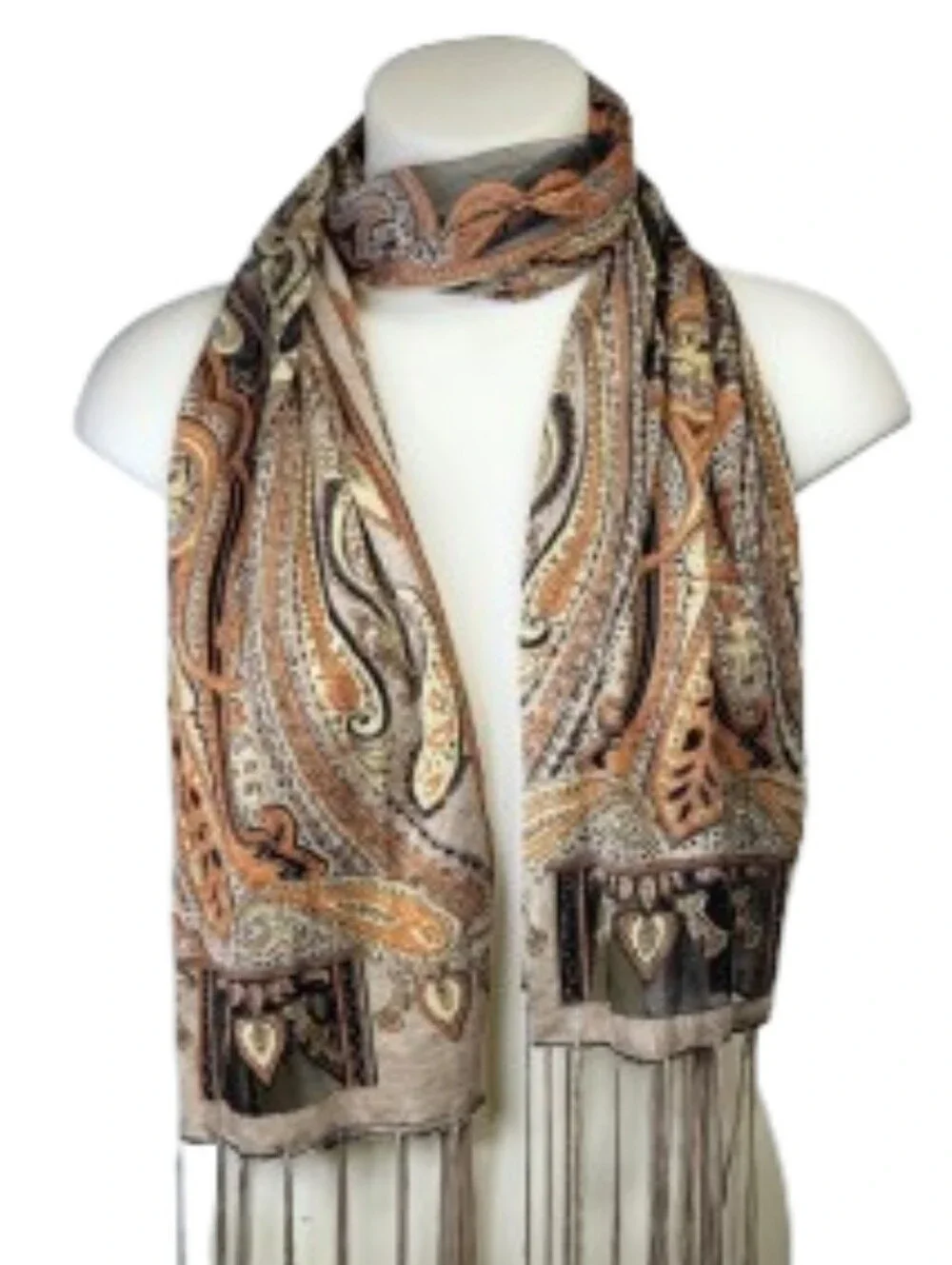 Paisley Fringe Scarf in Beige and Burnt Orange 20